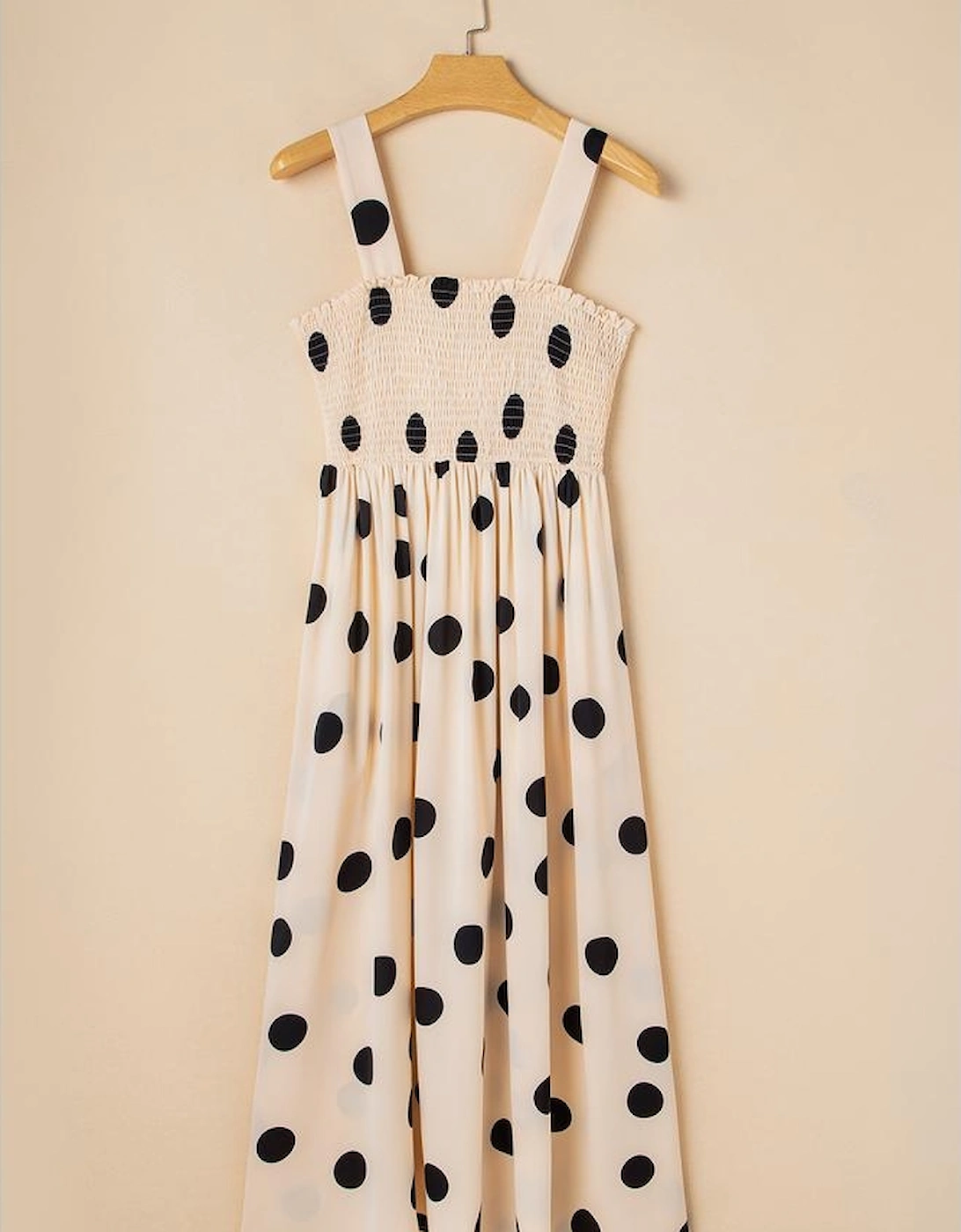 Oatmeal Polka Dot Smocked Fit Flared Sleeveless Long Dress