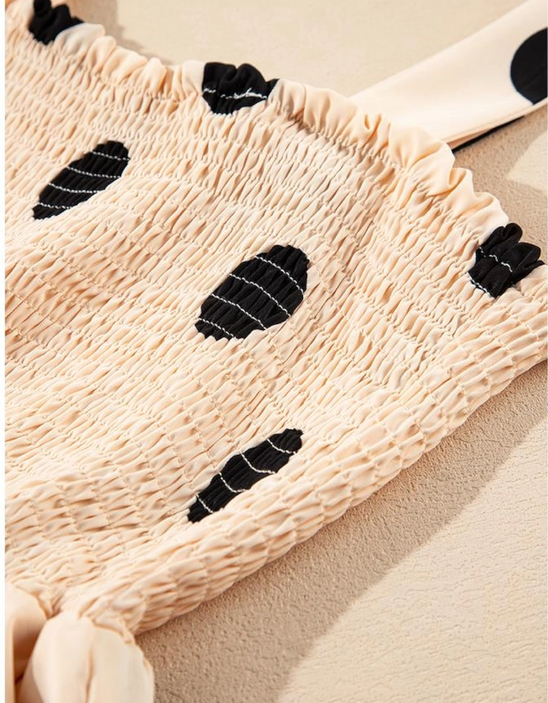 Oatmeal Polka Dot Smocked Fit Flared Sleeveless Long Dress