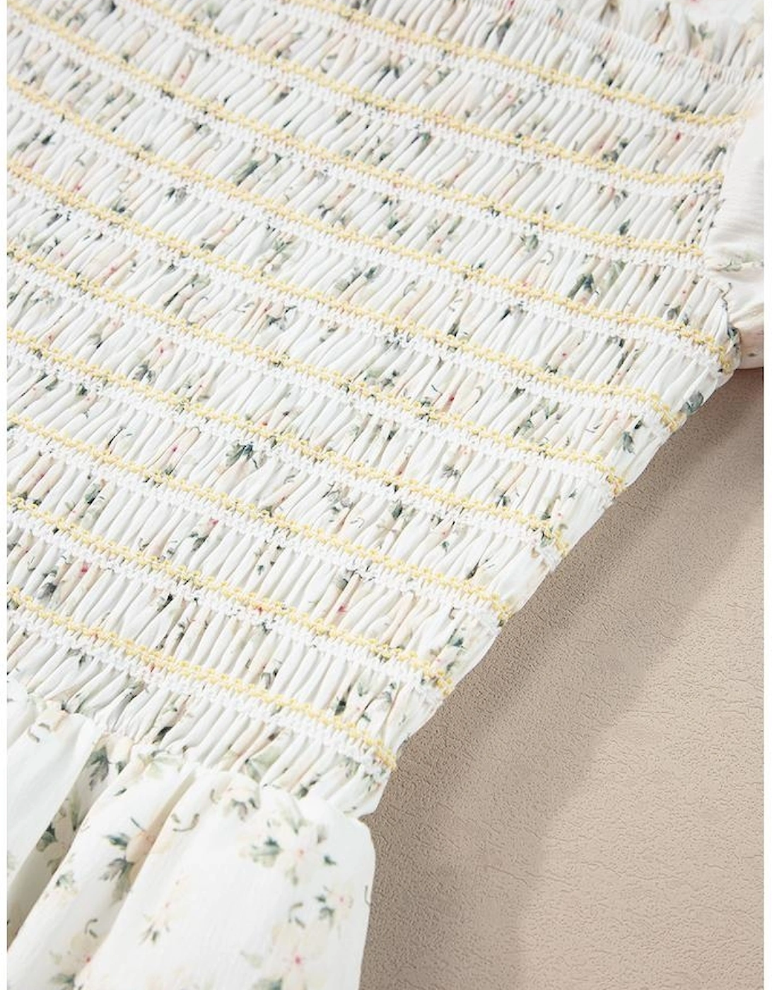 White Frilly Shirred Bodice Tiered Floral Maxi Dress