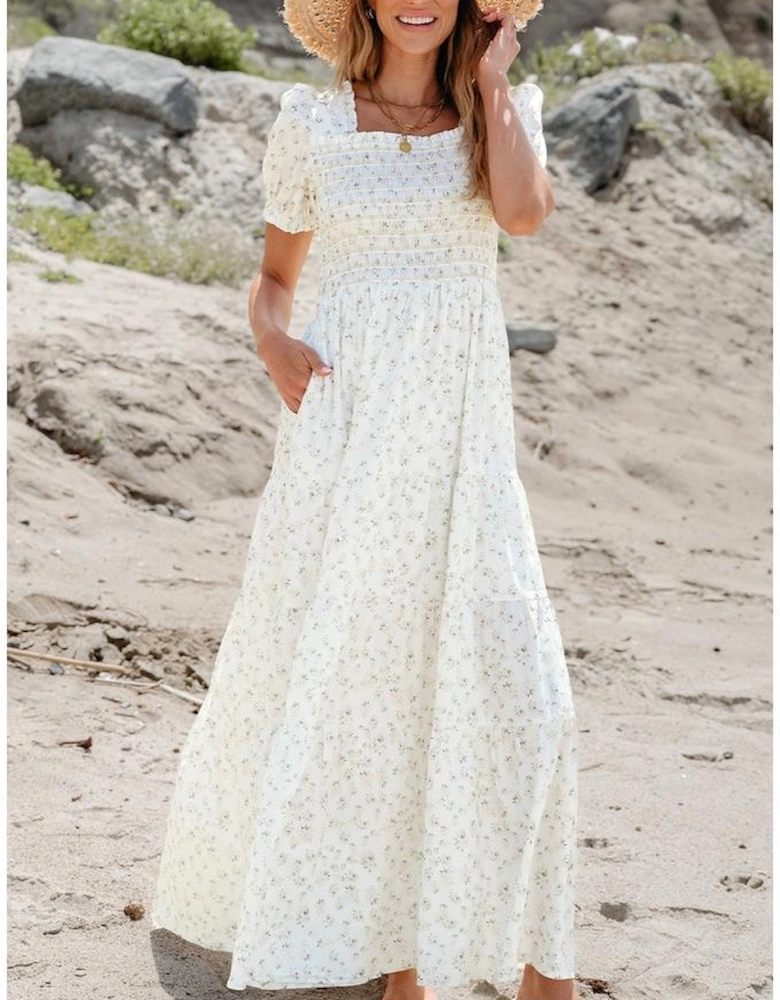 White Frilly Shirred Bodice Tiered Floral Maxi Dress