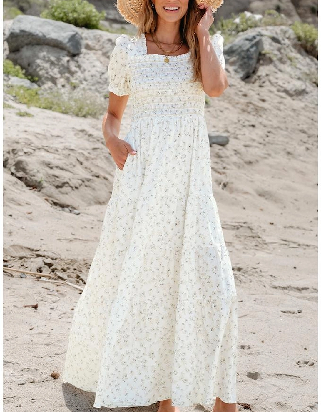 White Frilly Shirred Bodice Tiered Floral Maxi Dress
