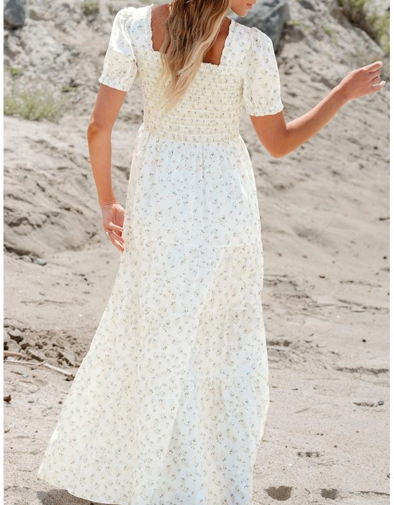 White Frilly Shirred Bodice Tiered Floral Maxi Dress