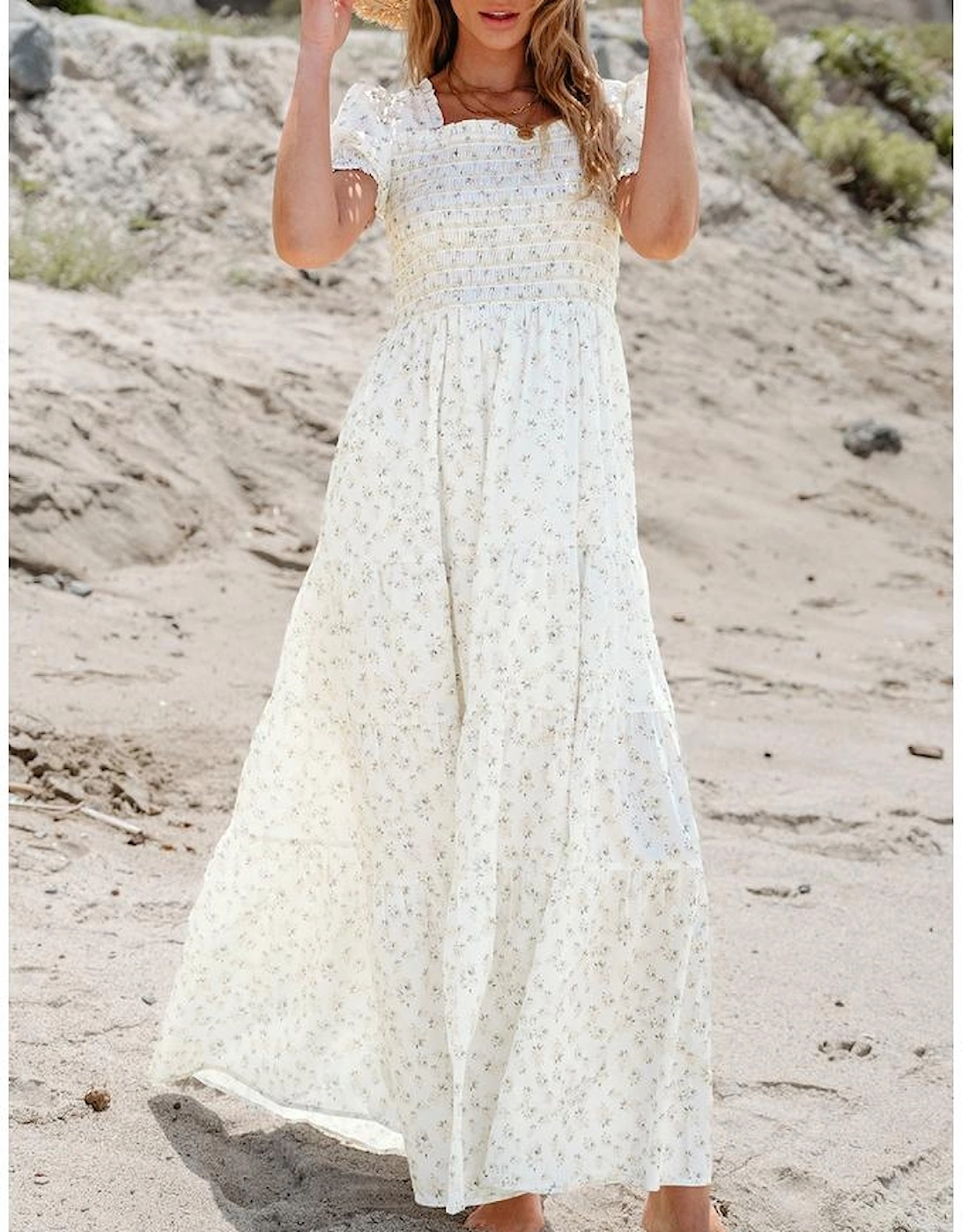 White Frilly Shirred Bodice Tiered Floral Maxi Dress