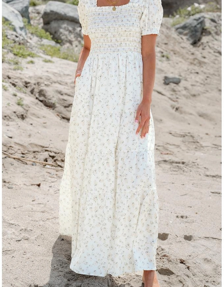 White Frilly Shirred Bodice Tiered Floral Maxi Dress