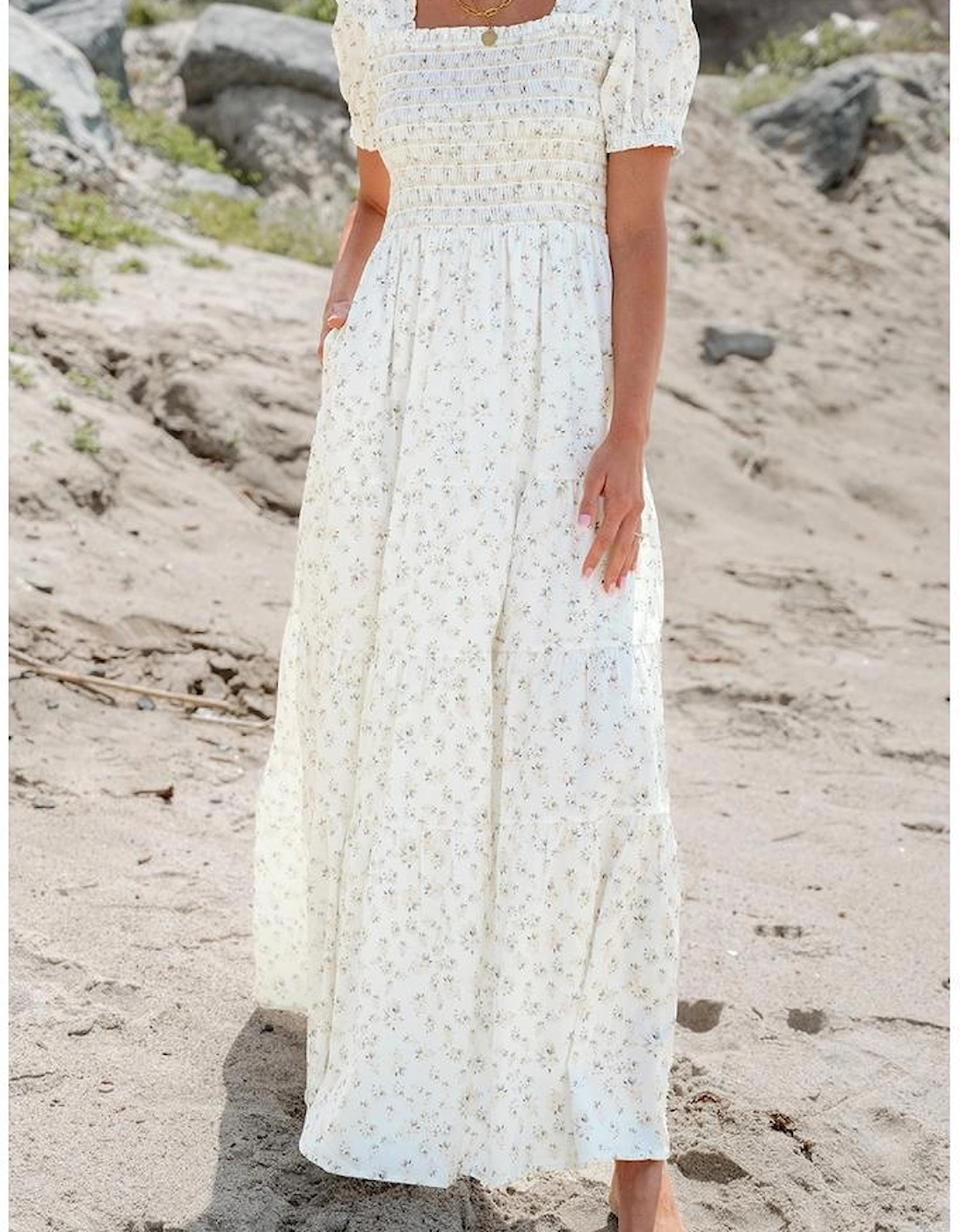 White Frilly Shirred Bodice Tiered Floral Maxi Dress