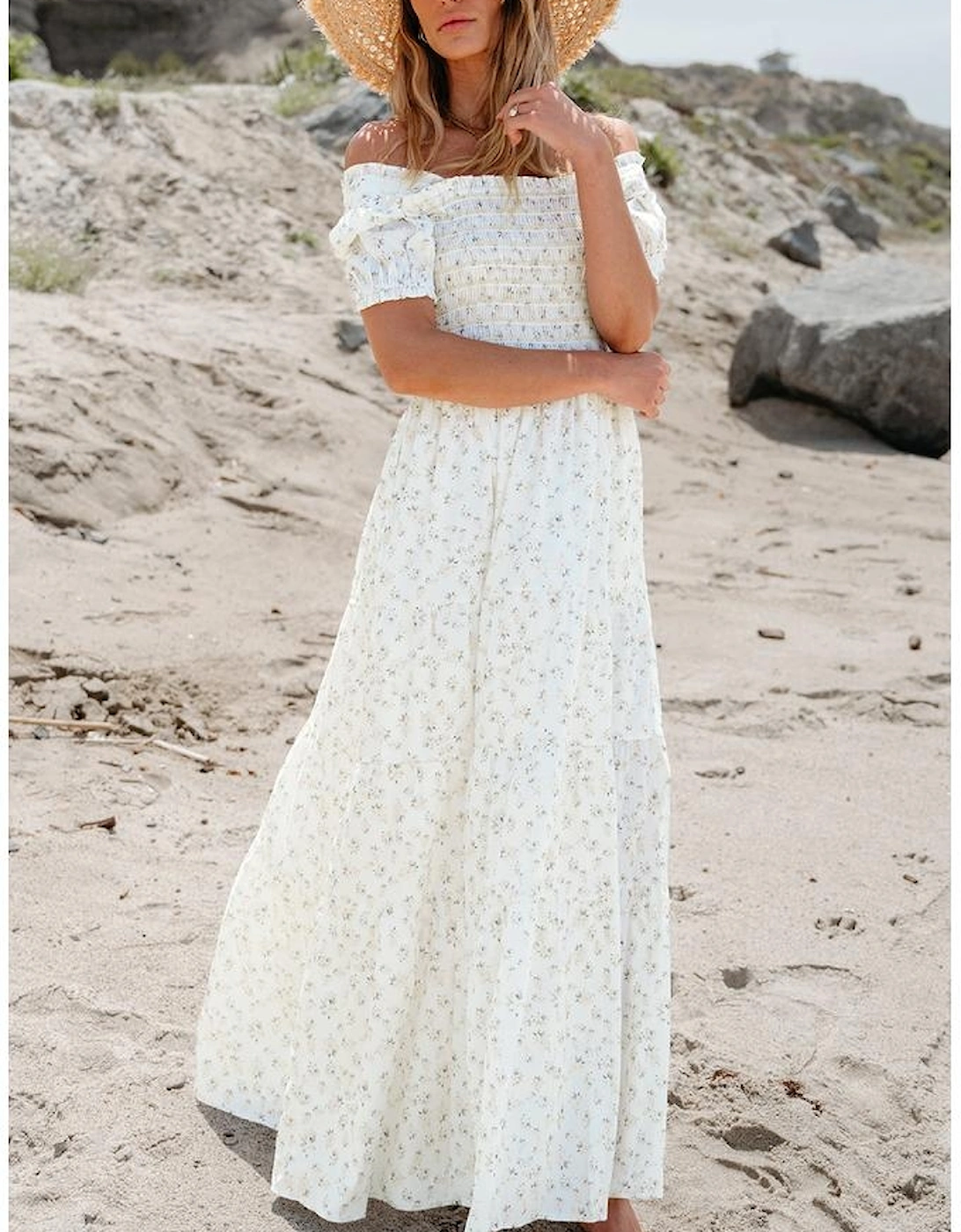 White Frilly Shirred Bodice Tiered Floral Maxi Dress