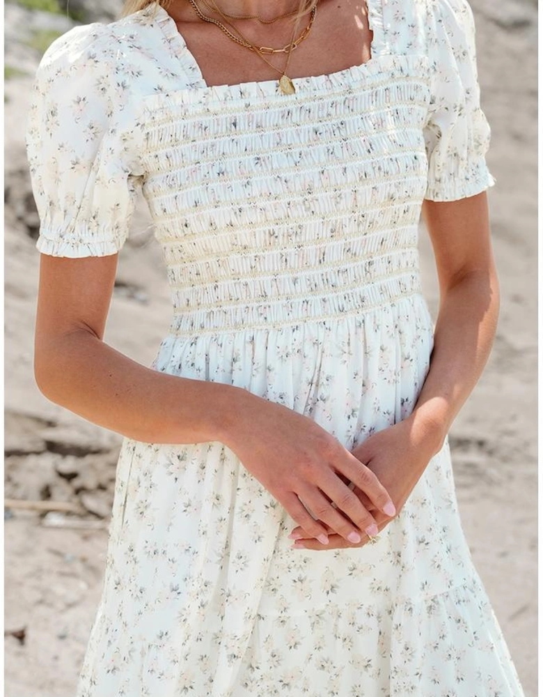 White Frilly Shirred Bodice Tiered Floral Maxi Dress