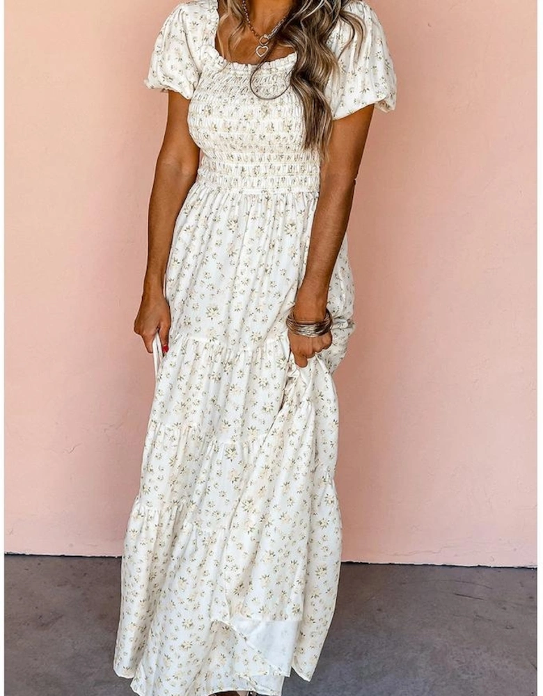 White Frilly Shirred Bodice Tiered Floral Maxi Dress