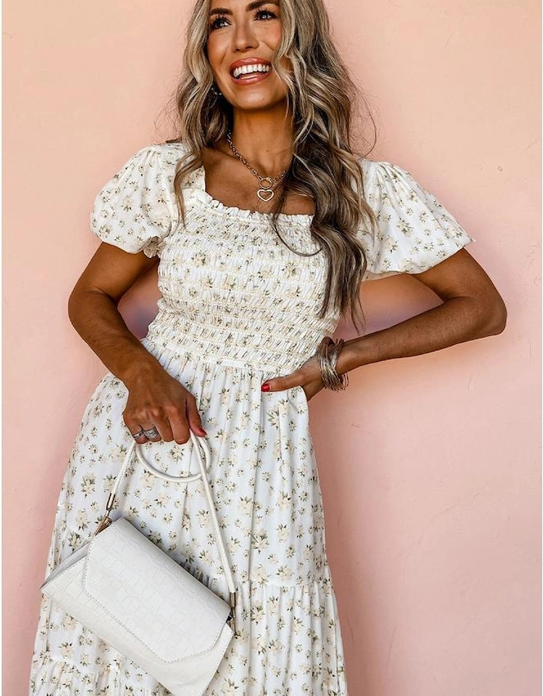 White Frilly Shirred Bodice Tiered Floral Maxi Dress