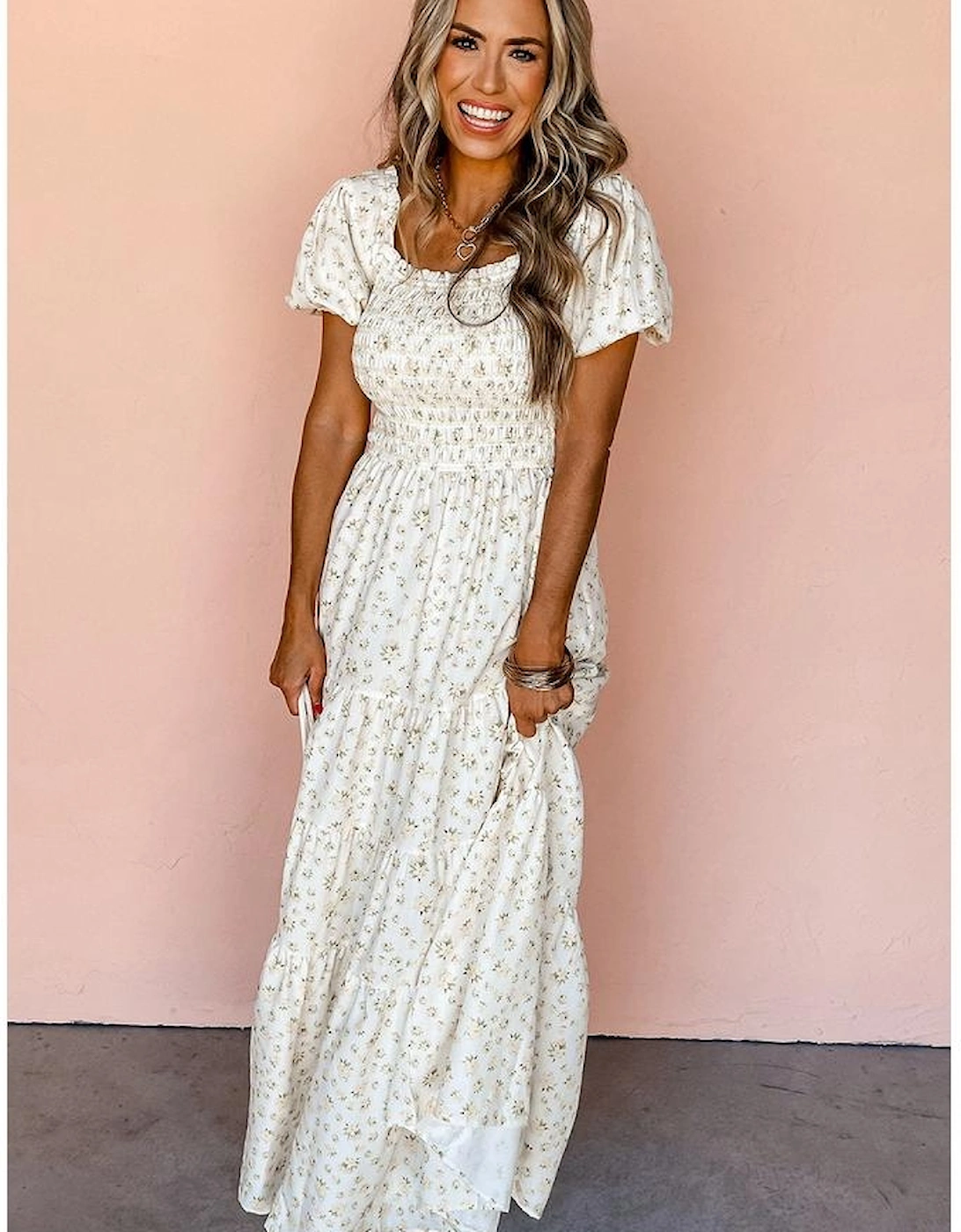 White Frilly Shirred Bodice Tiered Floral Maxi Dress