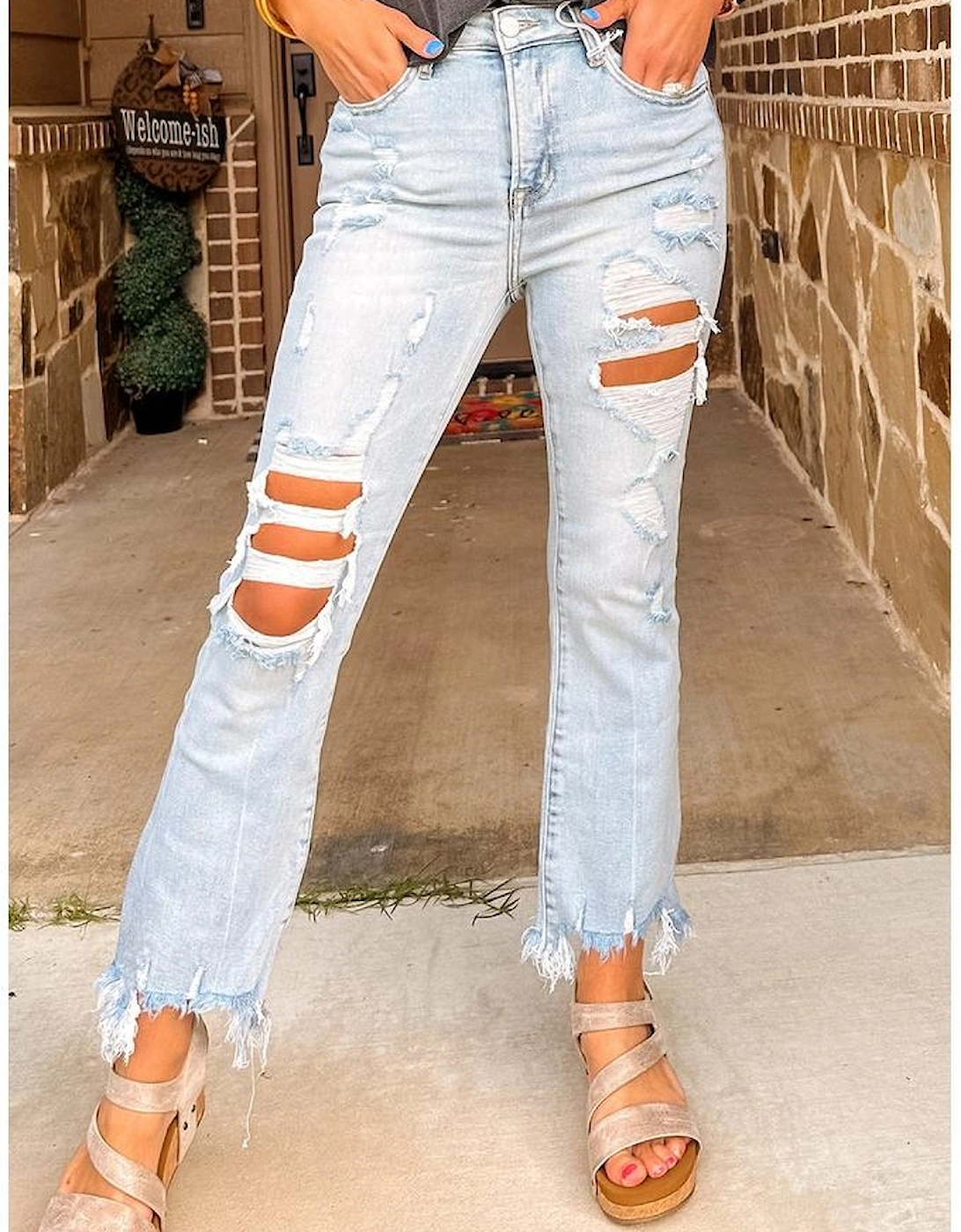 Beau Blue Light Wash Distressed Straight Leg Slim Fit Jeans