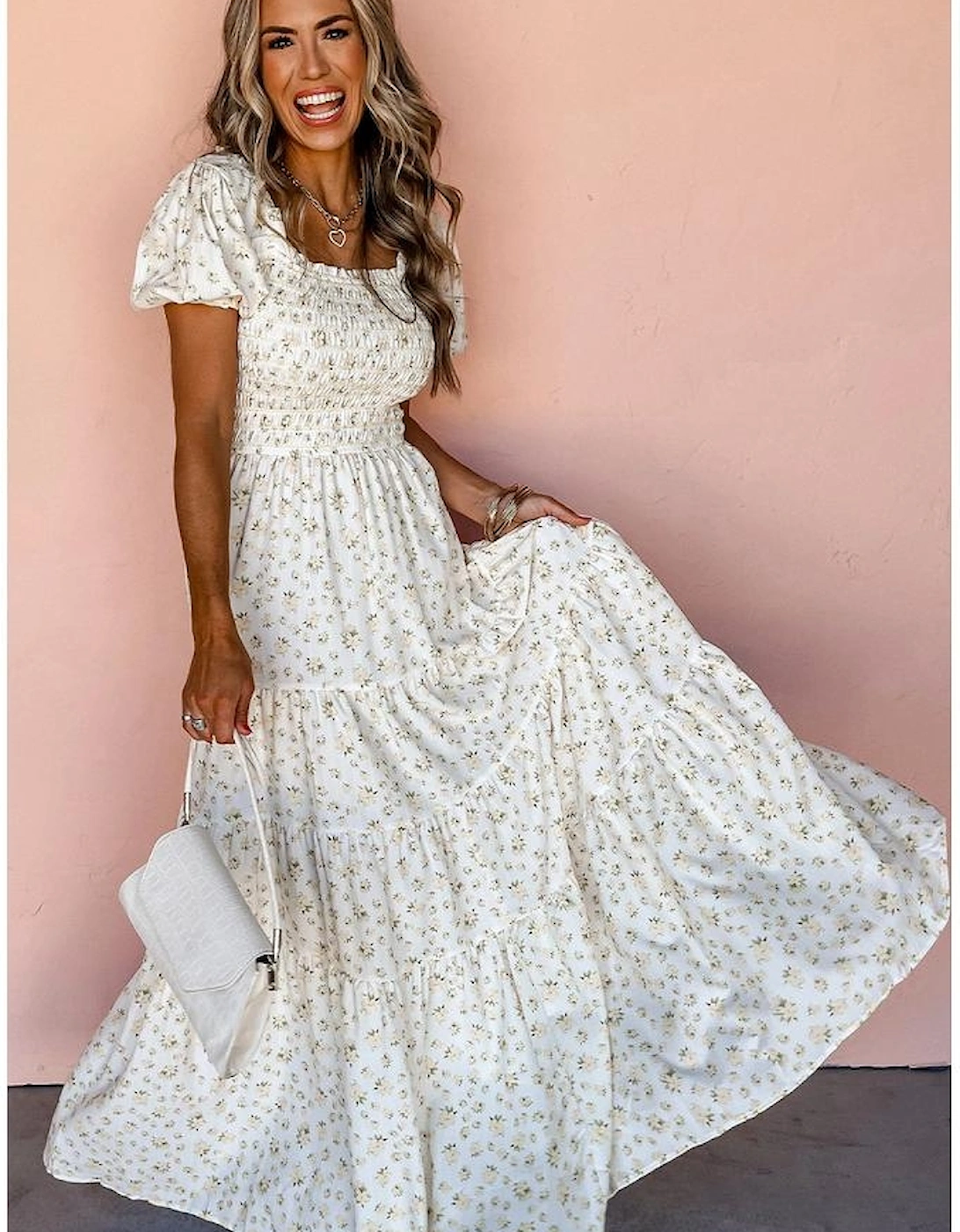 White Frilly Shirred Bodice Tiered Floral Maxi Dress