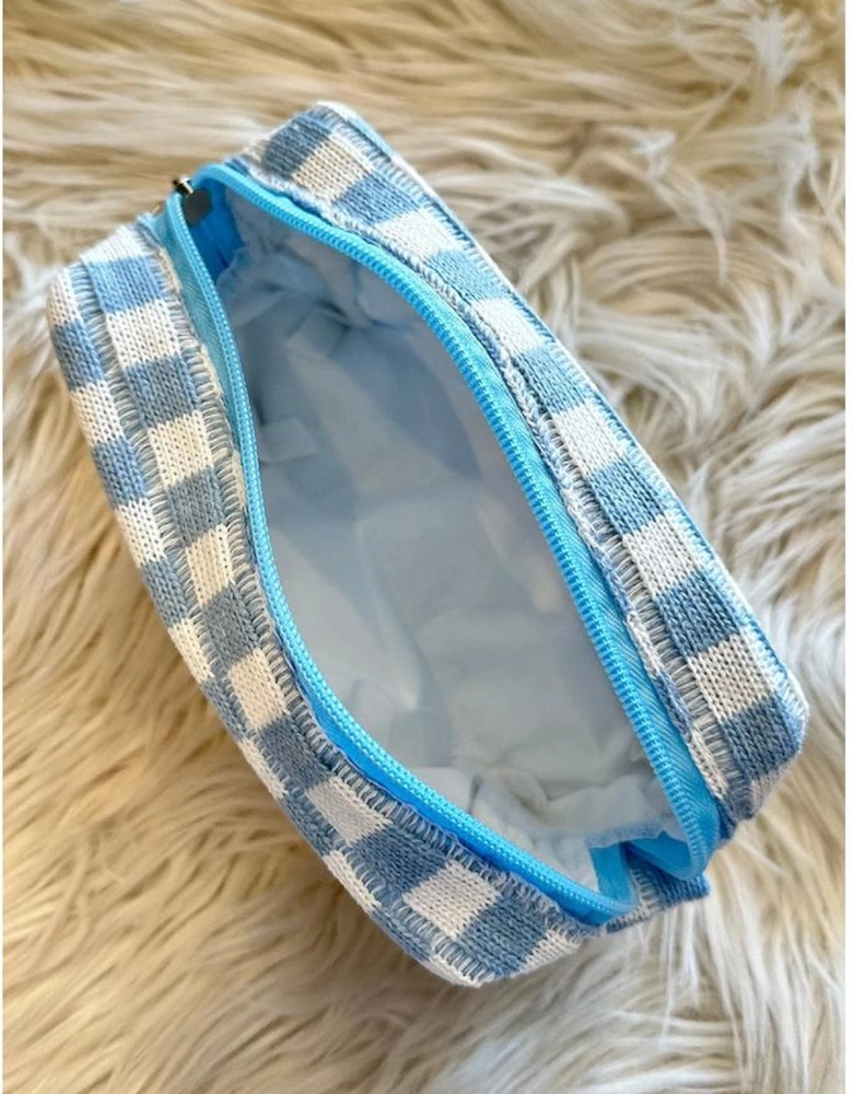 Sky Blue Checkered Knitted Zipper Makeup Bag