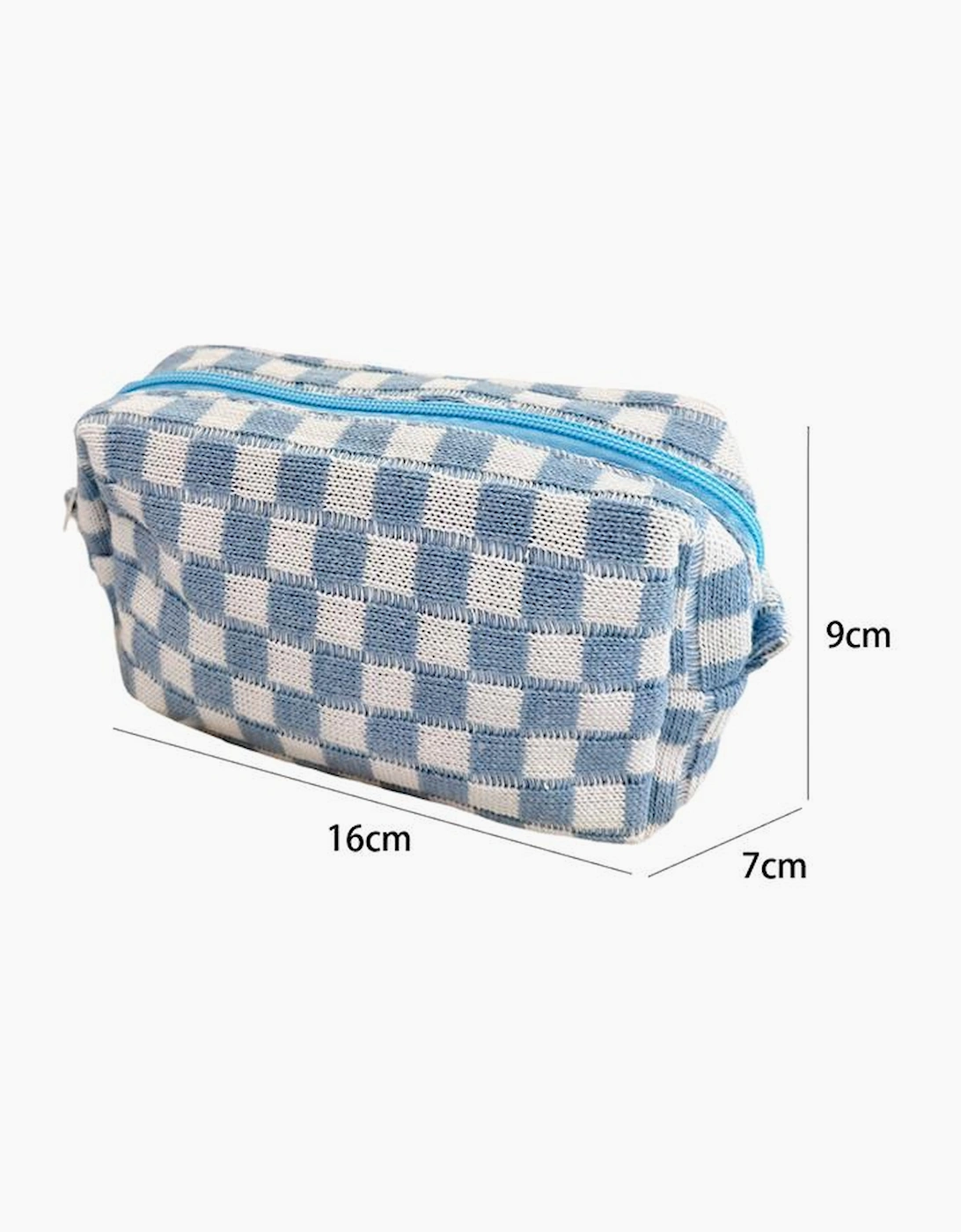 Sky Blue Checkered Knitted Zipper Makeup Bag
