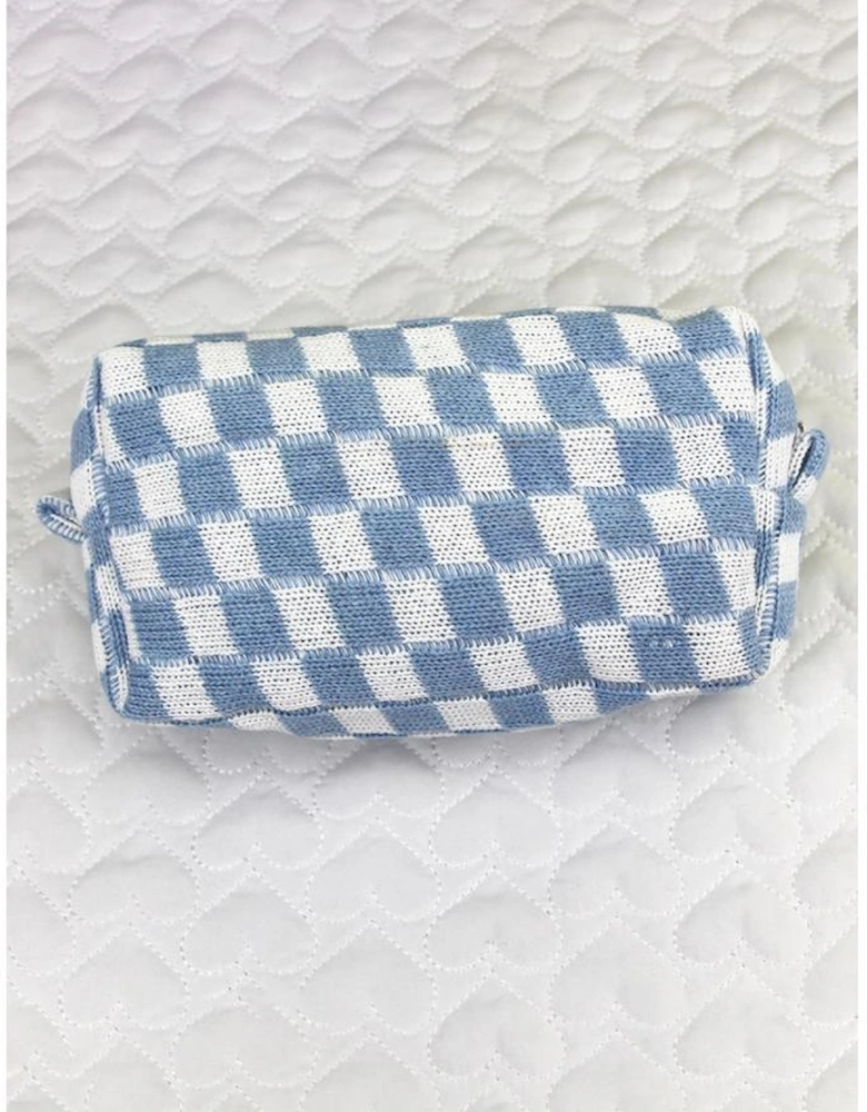 Sky Blue Checkered Knitted Zipper Makeup Bag
