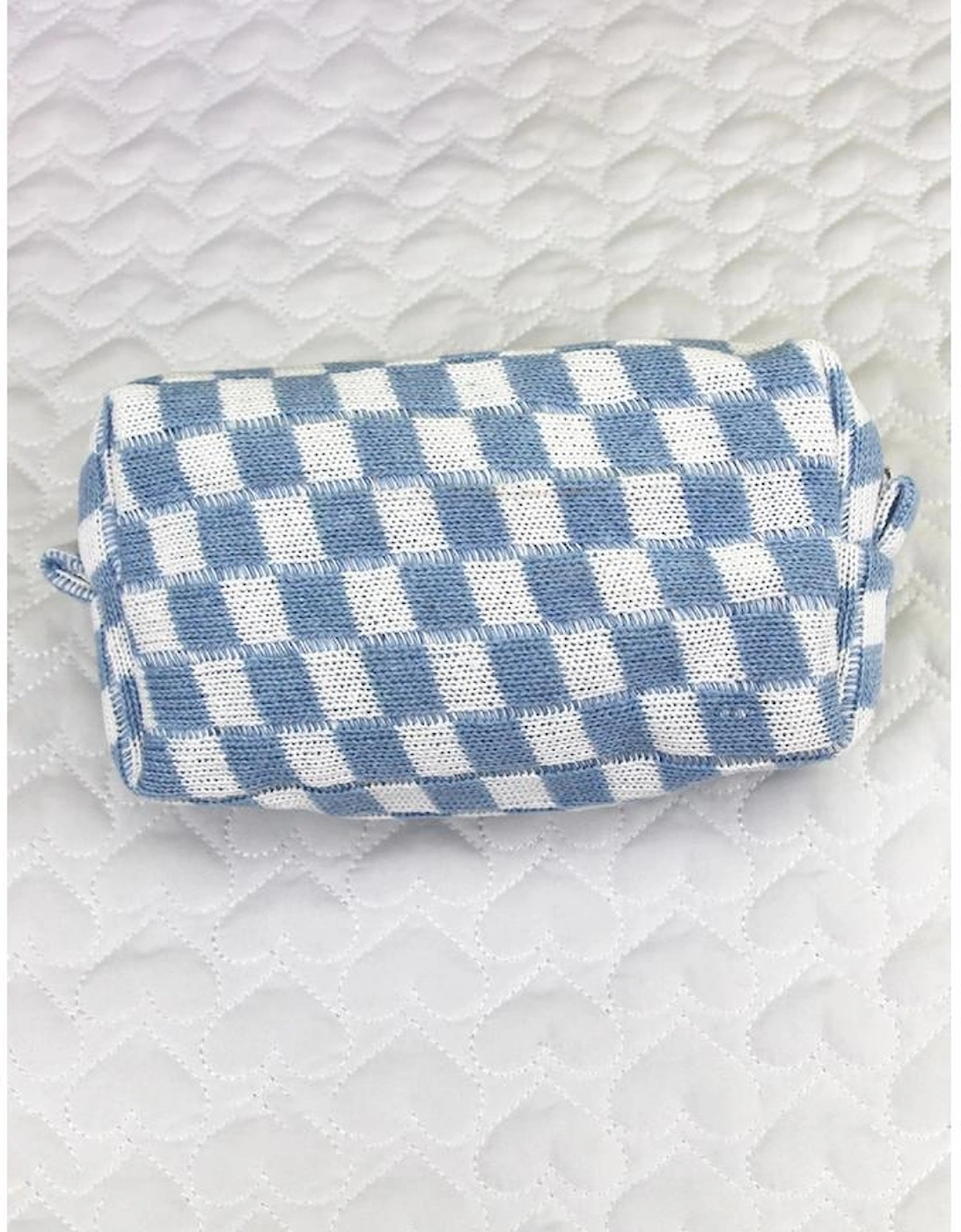 Sky Blue Checkered Knitted Zipper Makeup Bag