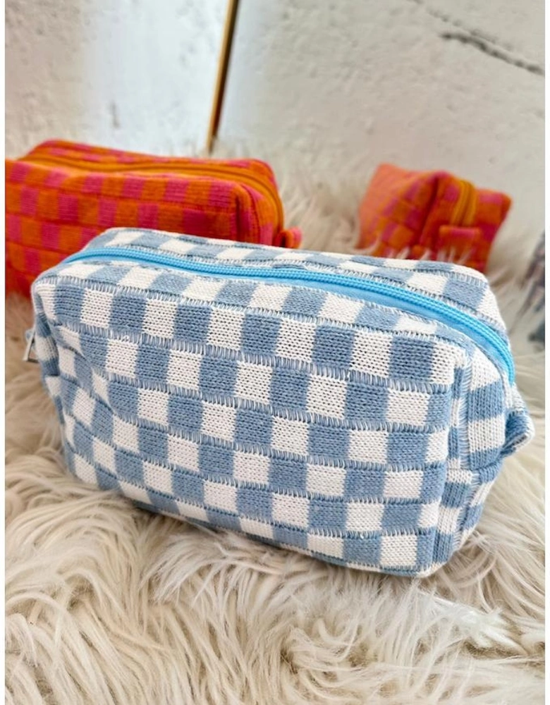 Sky Blue Checkered Knitted Zipper Makeup Bag