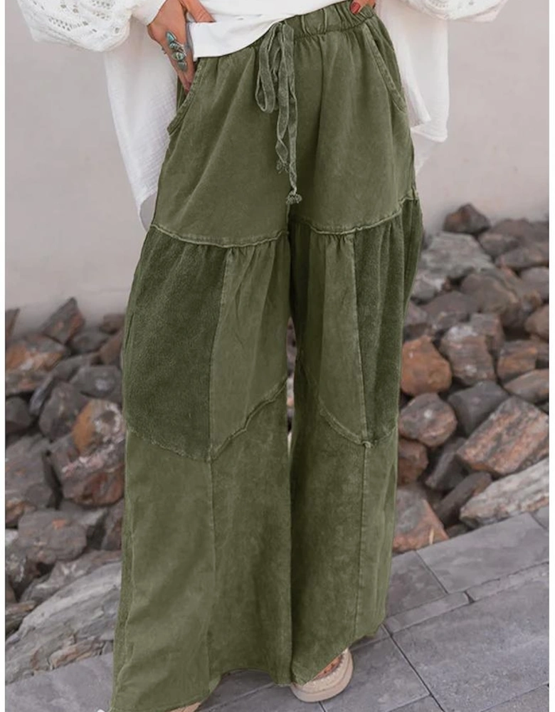 Vineyard Green Mineral Wash Tiered Wide Leg Patchwork Drawstring Pants