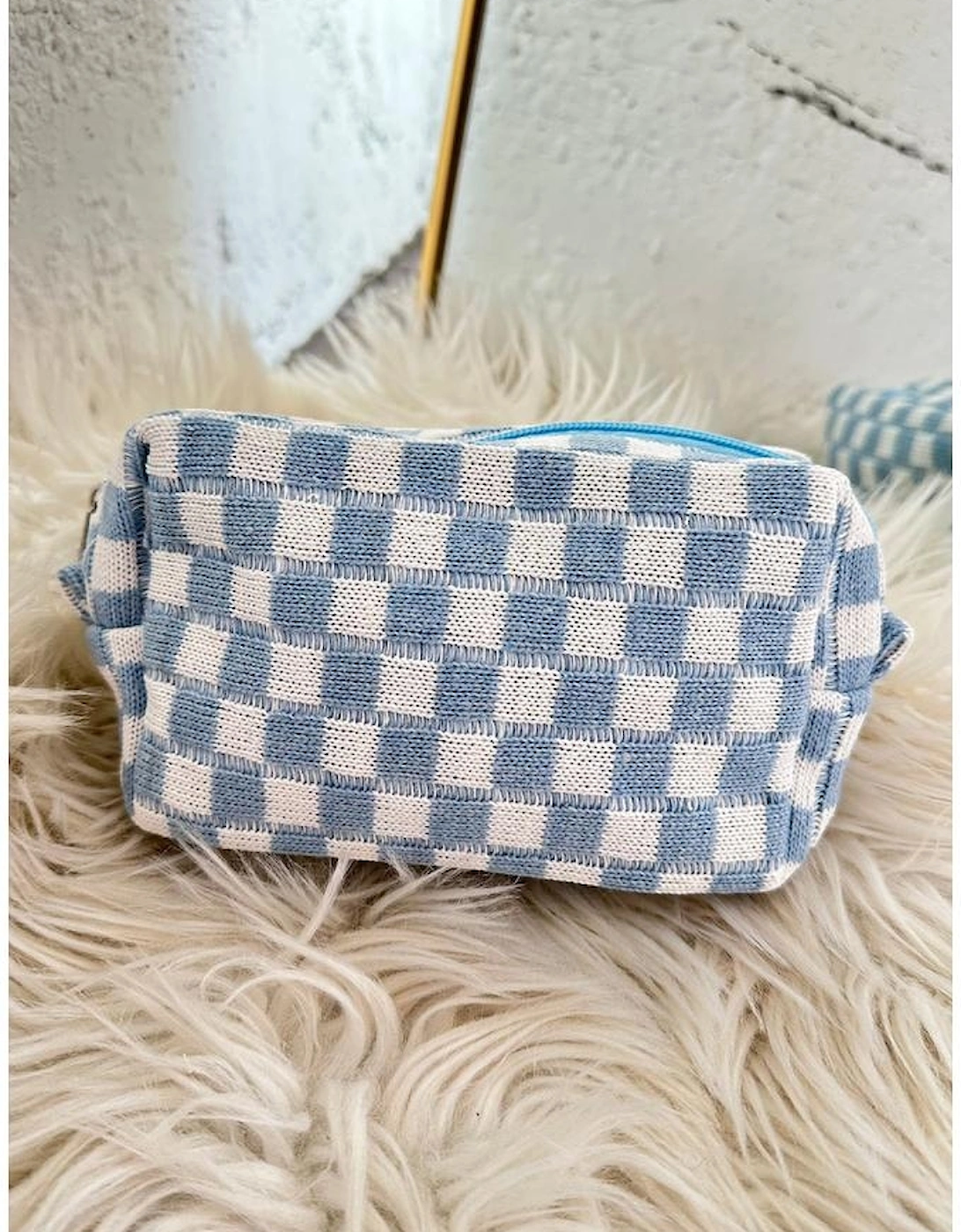 Sky Blue Checkered Knitted Zipper Makeup Bag
