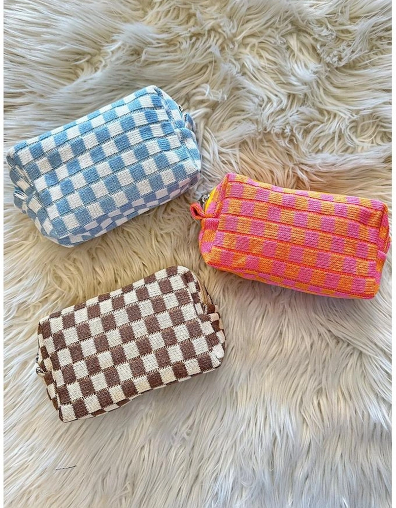 Sky Blue Checkered Knitted Zipper Makeup Bag