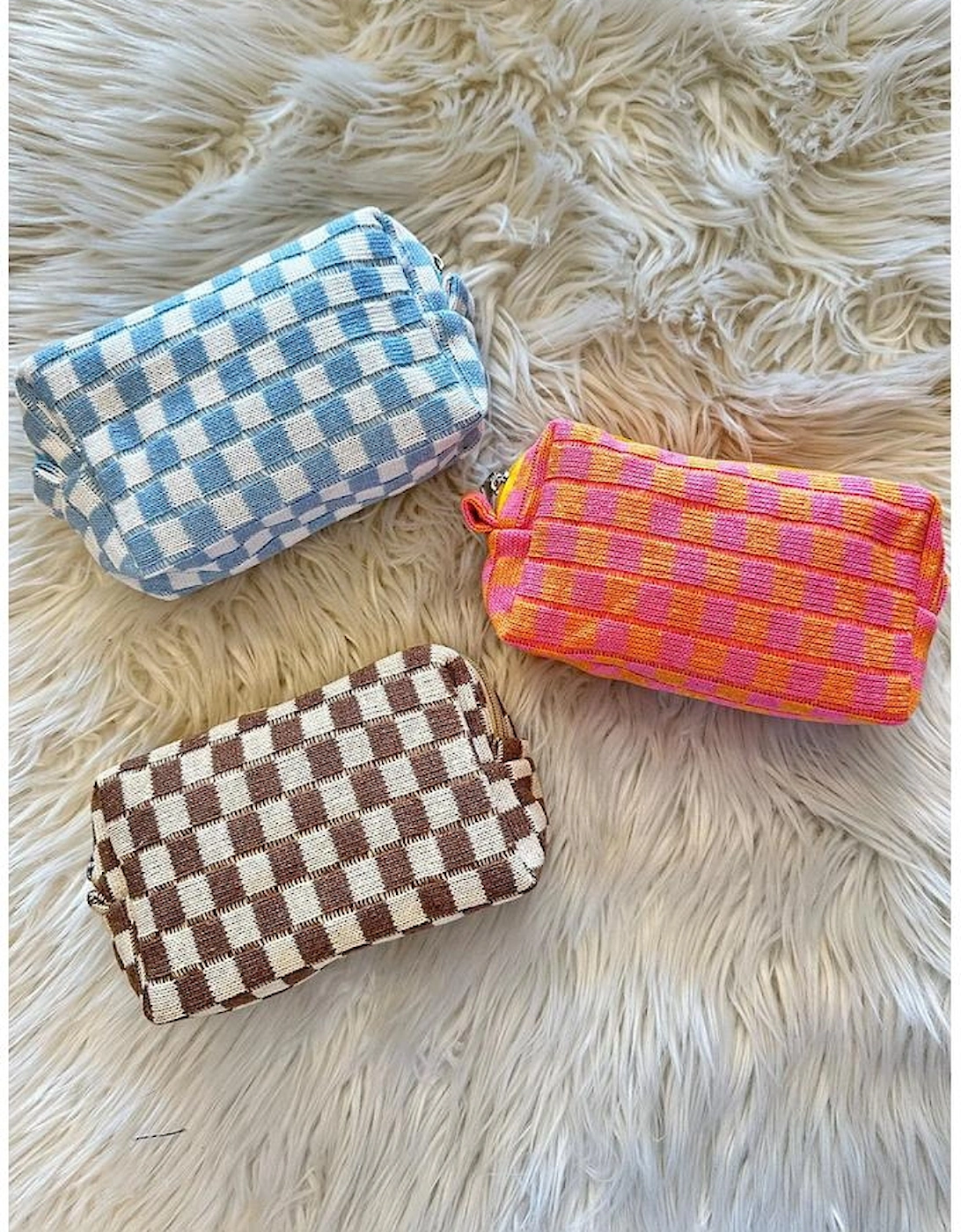 Sky Blue Checkered Knitted Zipper Makeup Bag