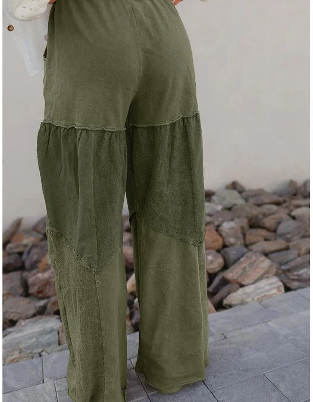 Vineyard Green Mineral Wash Tiered Wide Leg Patchwork Drawstring Pants, 4 of 3