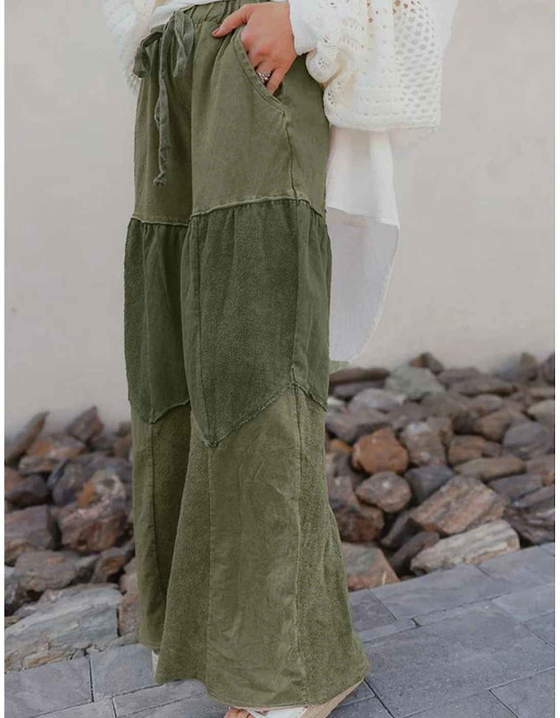 Vineyard Green Mineral Wash Tiered Wide Leg Patchwork Drawstring Pants