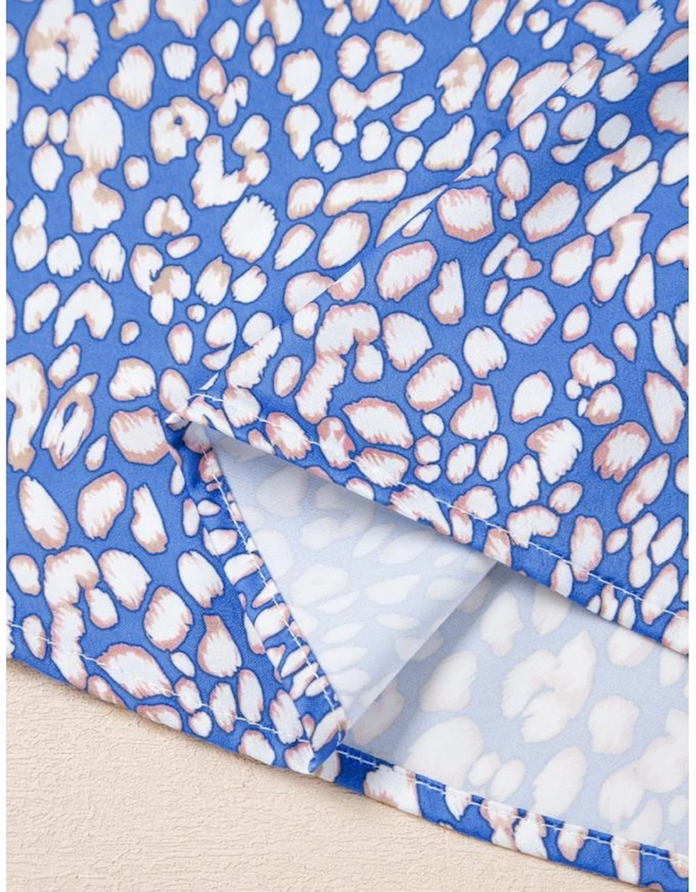 Ashleigh Blue Leopard Print Spot Contrast V Neck Half Puff Sleeve Shirt