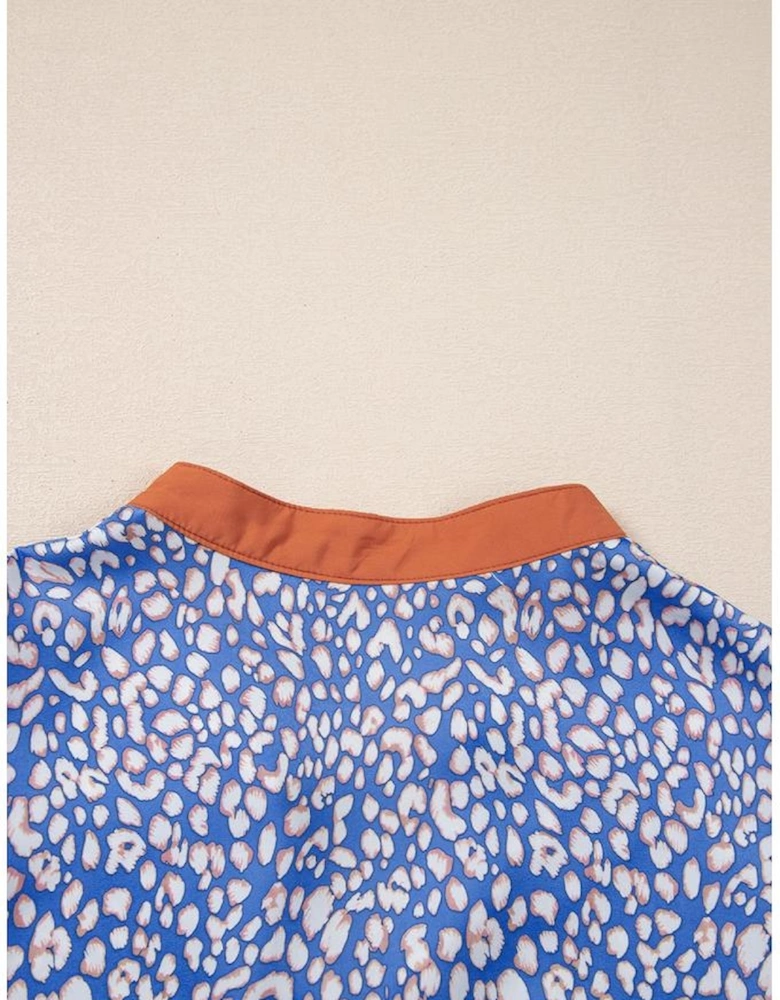 Ashleigh Blue Leopard Print Spot Contrast V Neck Half Puff Sleeve Shirt
