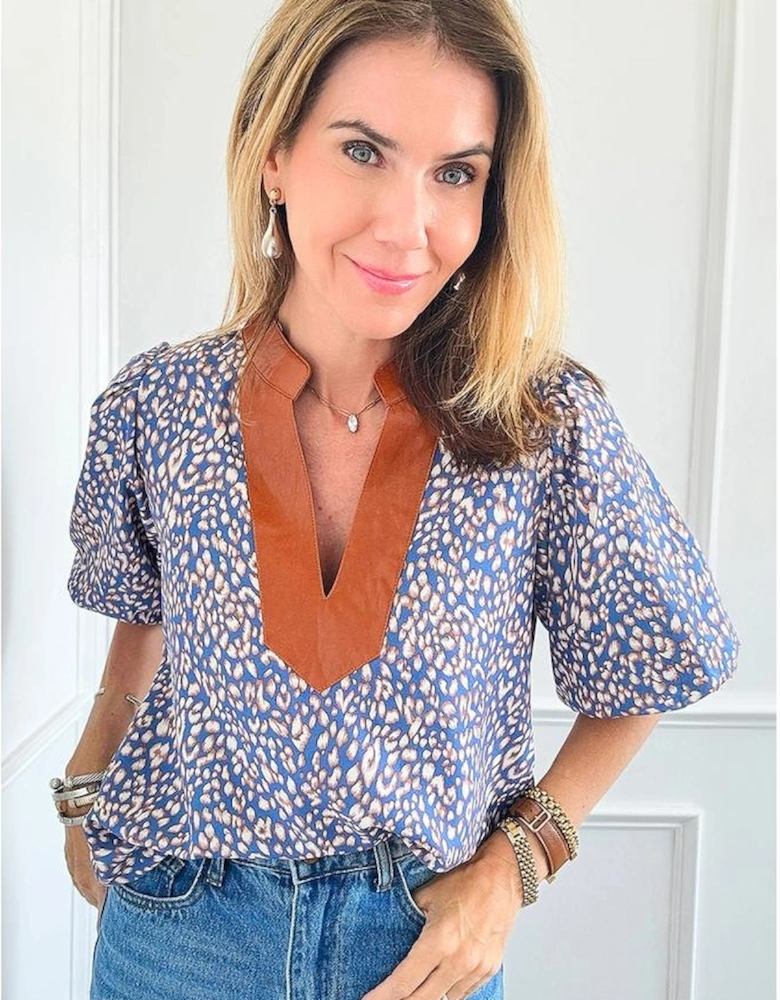 Ashleigh Blue Leopard Print Spot Contrast V Neck Half Puff Sleeve Shirt