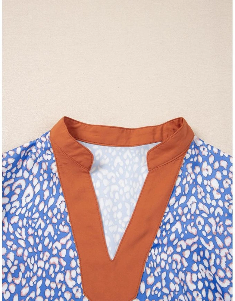 Ashleigh Blue Leopard Print Spot Contrast V Neck Half Puff Sleeve Shirt