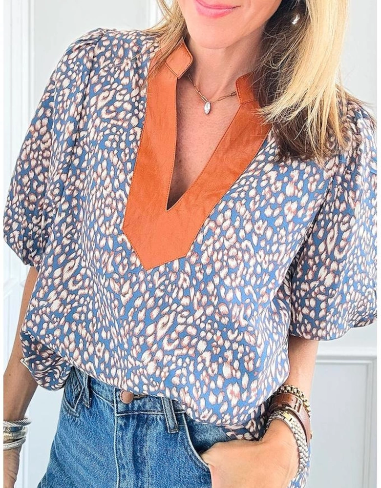 Ashleigh Blue Leopard Print Spot Contrast V Neck Half Puff Sleeve Shirt