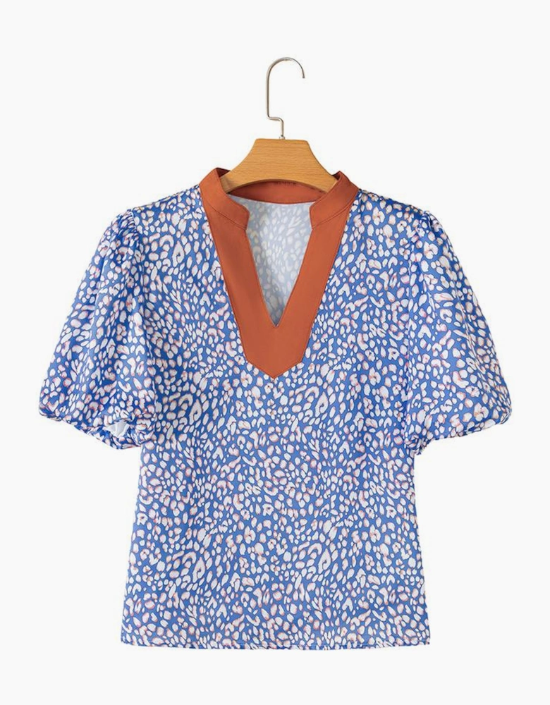 Ashleigh Blue Leopard Print Spot Contrast V Neck Half Puff Sleeve Shirt