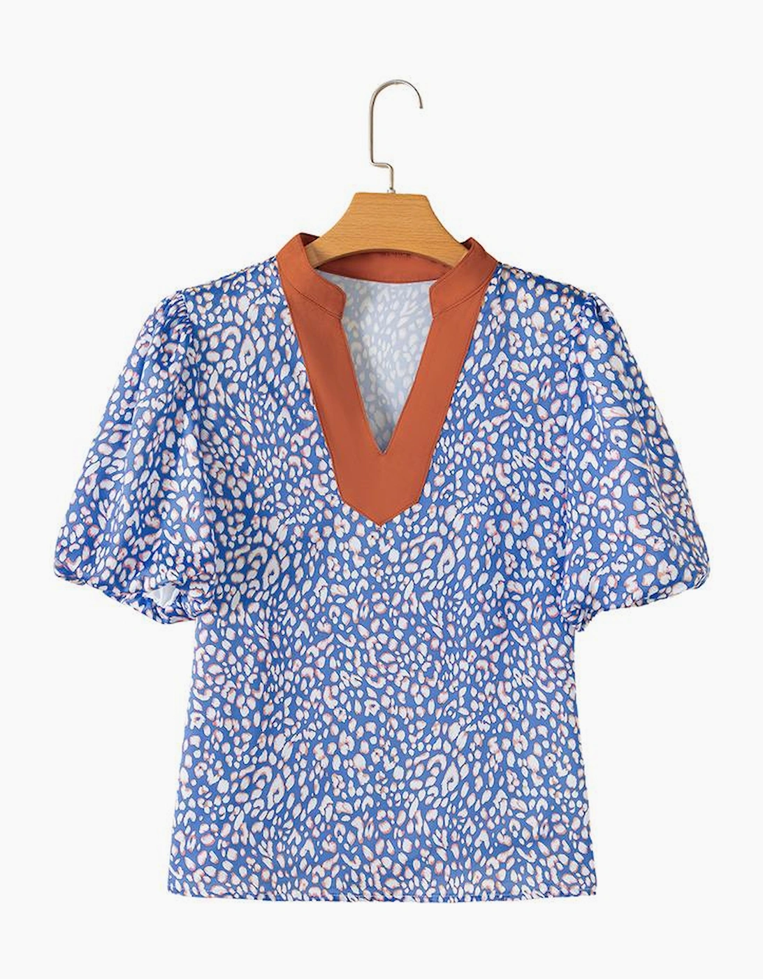 Ashleigh Blue Leopard Print Spot Contrast V Neck Half Puff Sleeve Shirt