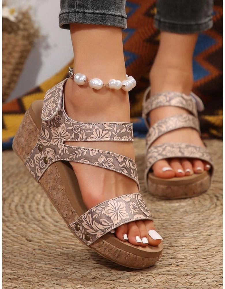 Light French Beige Floral Print Hollowed Strappy Wedged Sandals
