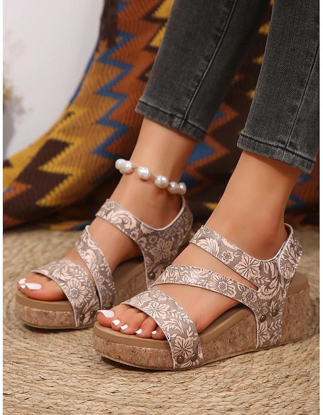 Light French Beige Floral Print Hollowed Strappy Wedged Sandals