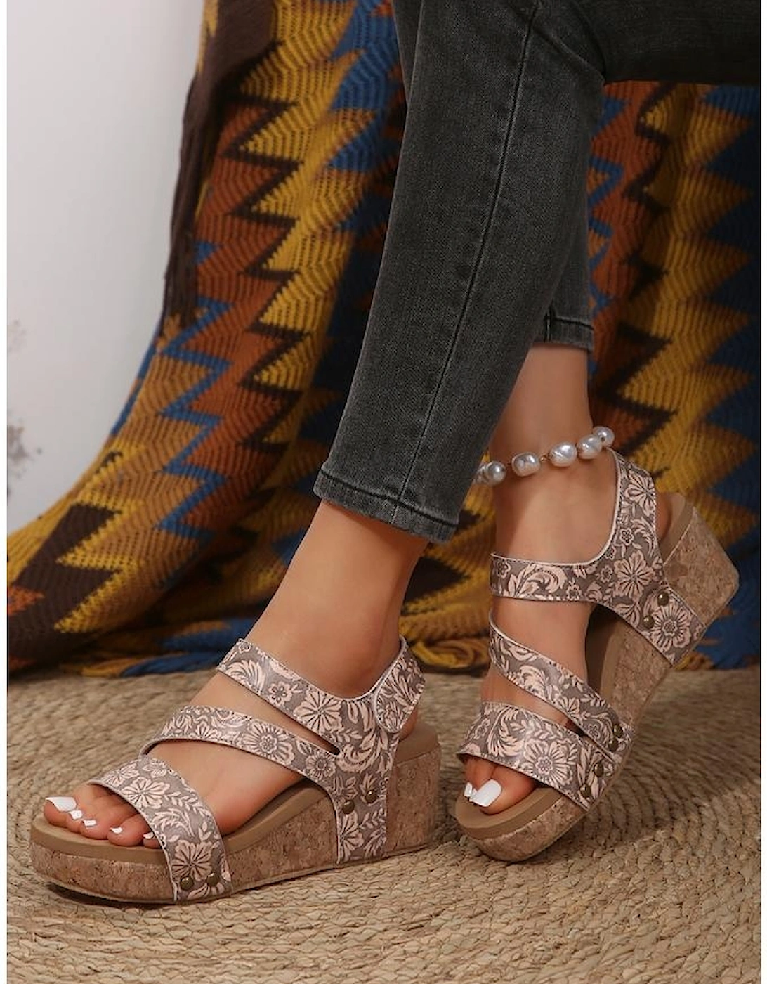 Light French Beige Floral Print Hollowed Strappy Wedged Sandals