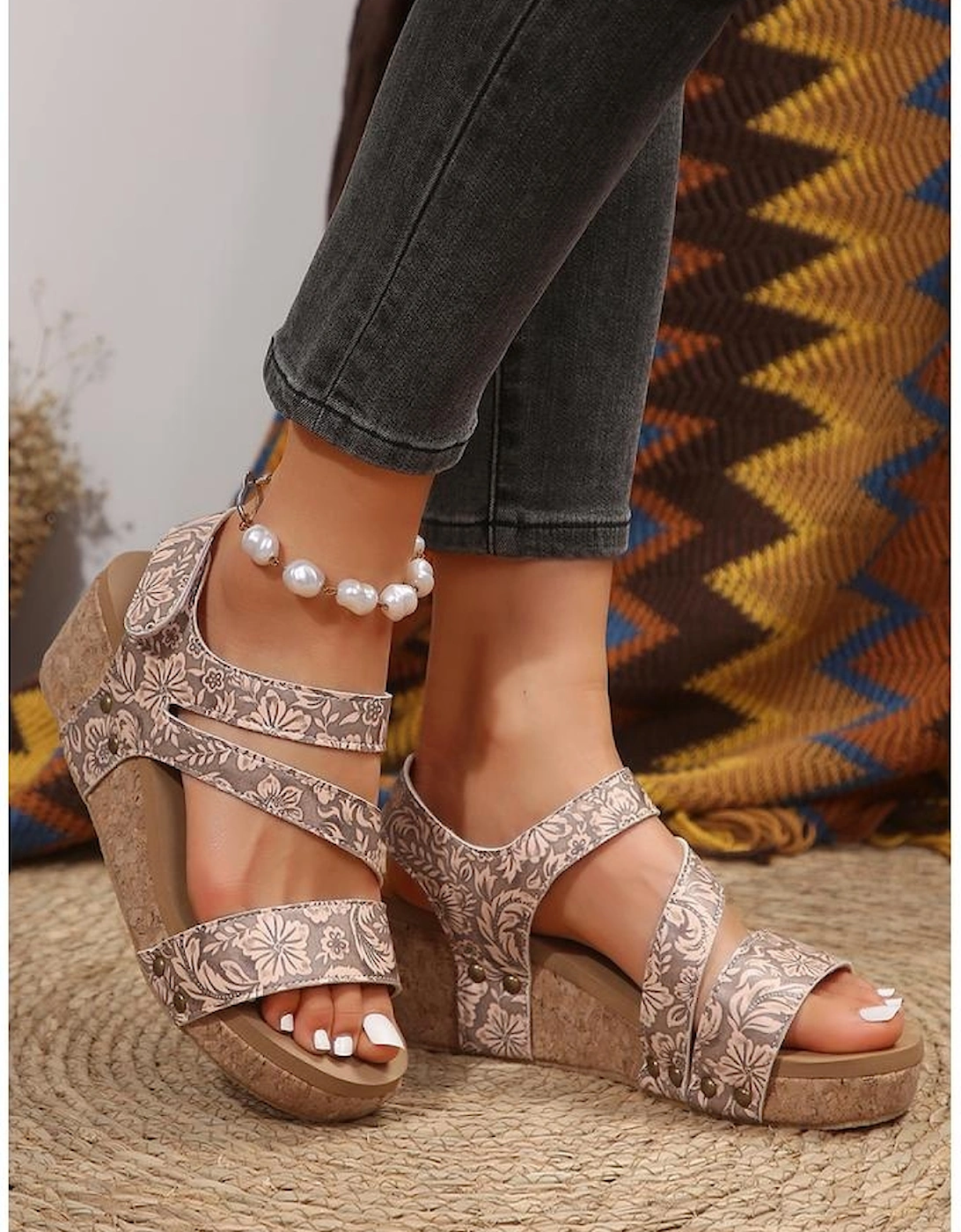 Light French Beige Floral Print Hollowed Strappy Wedged Sandals, 7 of 6