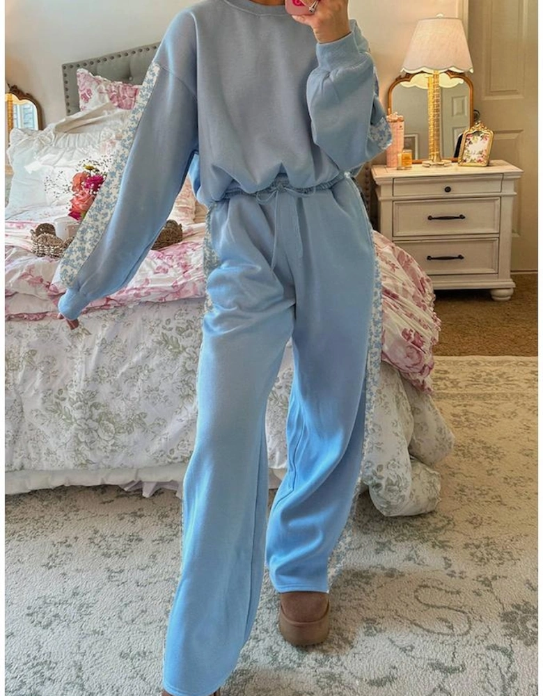 Beau Blue Floral Patchwork Drop Shoulder Pullover and Sweatpants Lounge Set
