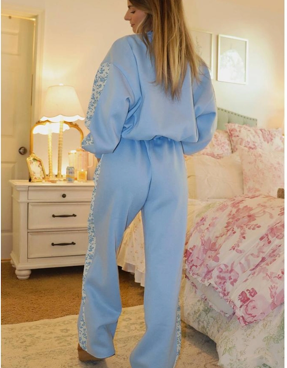 Beau Blue Floral Patchwork Drop Shoulder Pullover and Sweatpants Lounge Set, 5 of 4