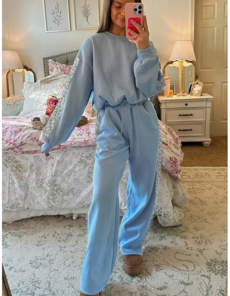 Beau Blue Floral Patchwork Drop Shoulder Pullover and Sweatpants Lounge Set