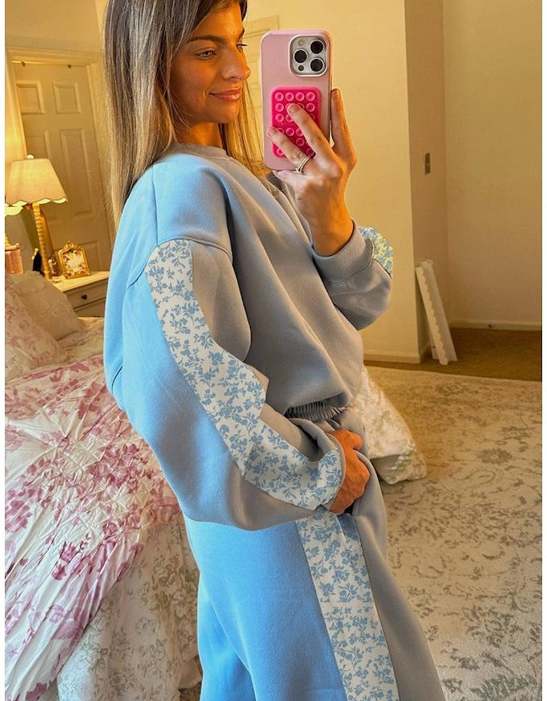 Beau Blue Floral Patchwork Drop Shoulder Pullover and Sweatpants Lounge Set