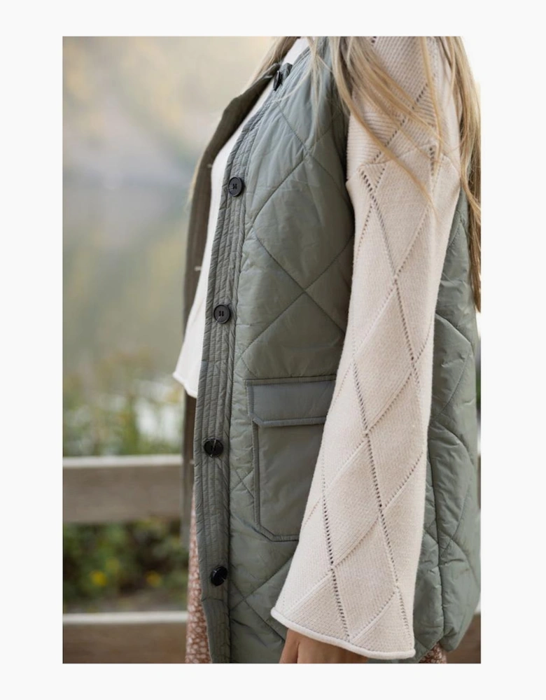 Grass Green Quilted Long Vest Jacket with Pockets