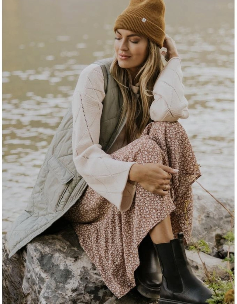 Grass Green Quilted Long Vest Jacket with Pockets