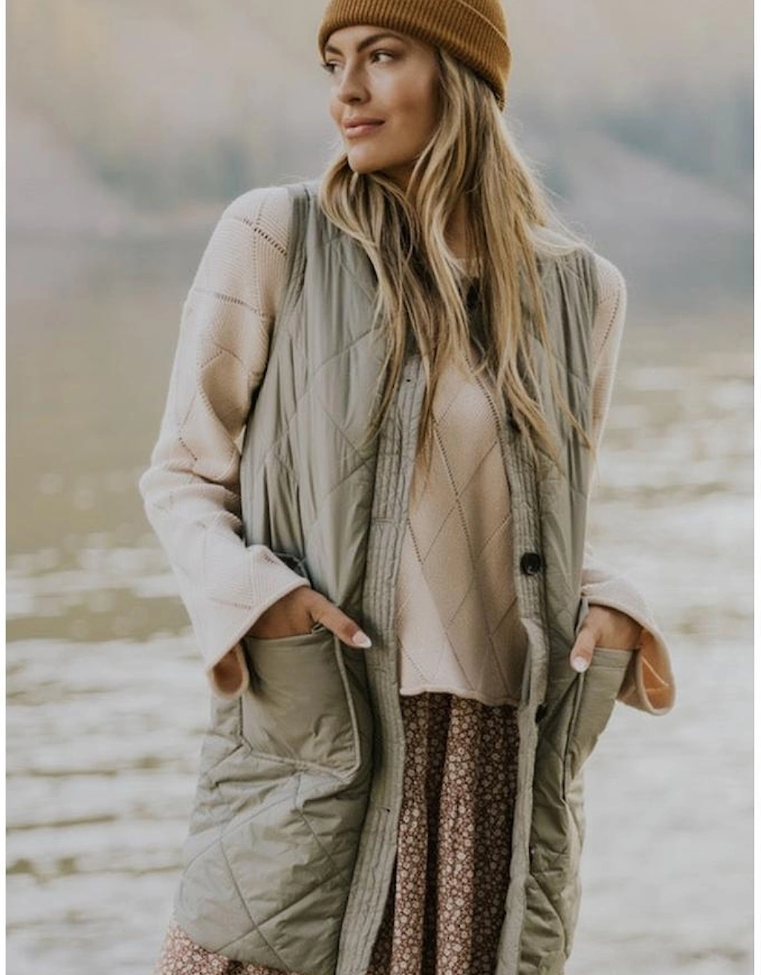 Grass Green Quilted Long Vest Jacket with Pockets