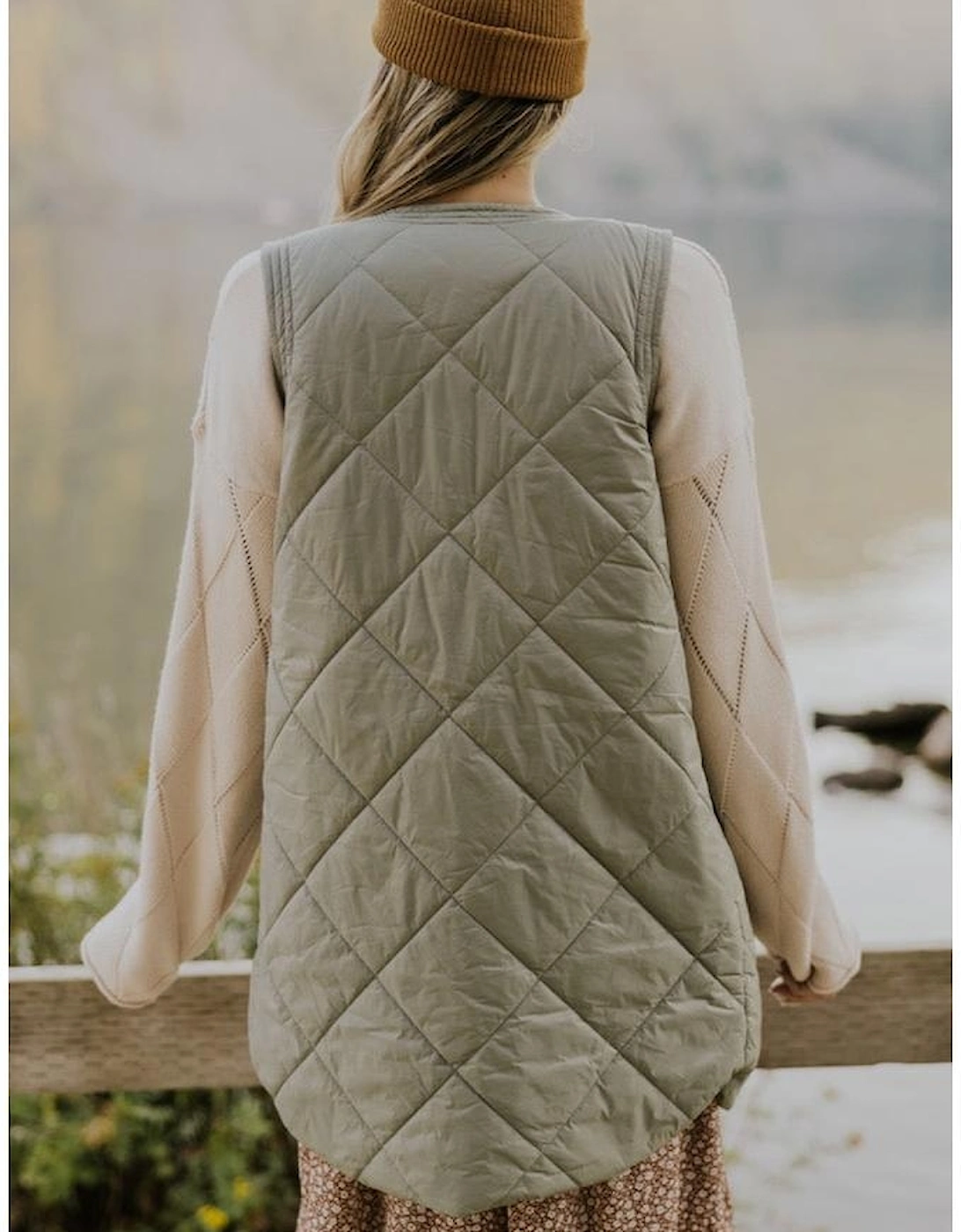 Grass Green Quilted Long Vest Jacket with Pockets
