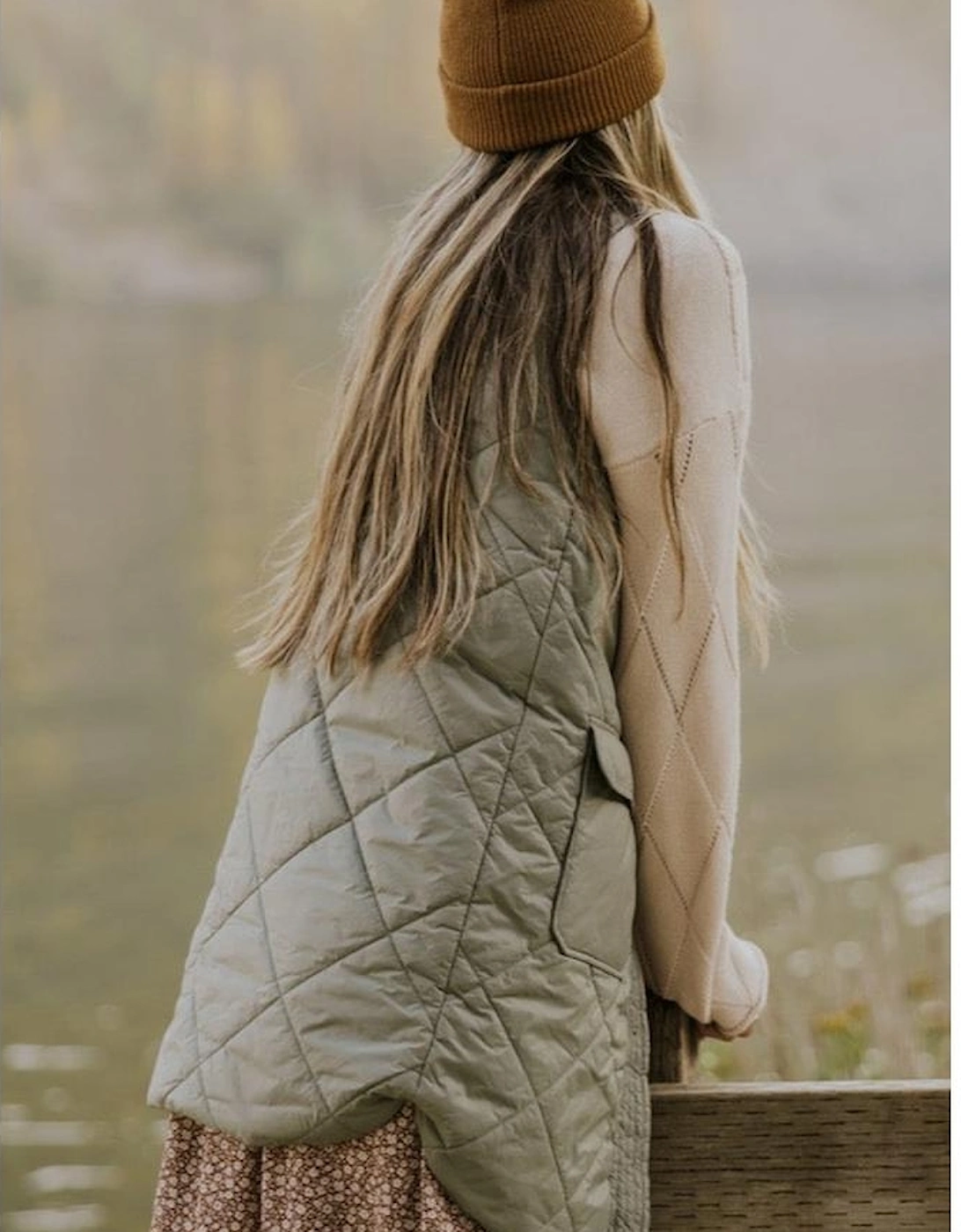 Grass Green Quilted Long Vest Jacket with Pockets