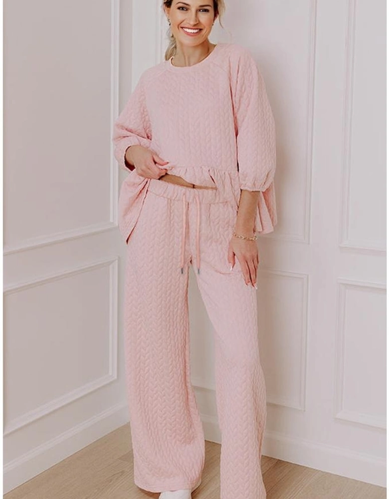 Delicacy Braided Texture Ruffle Hem Top Drawstring Loose Pants Set