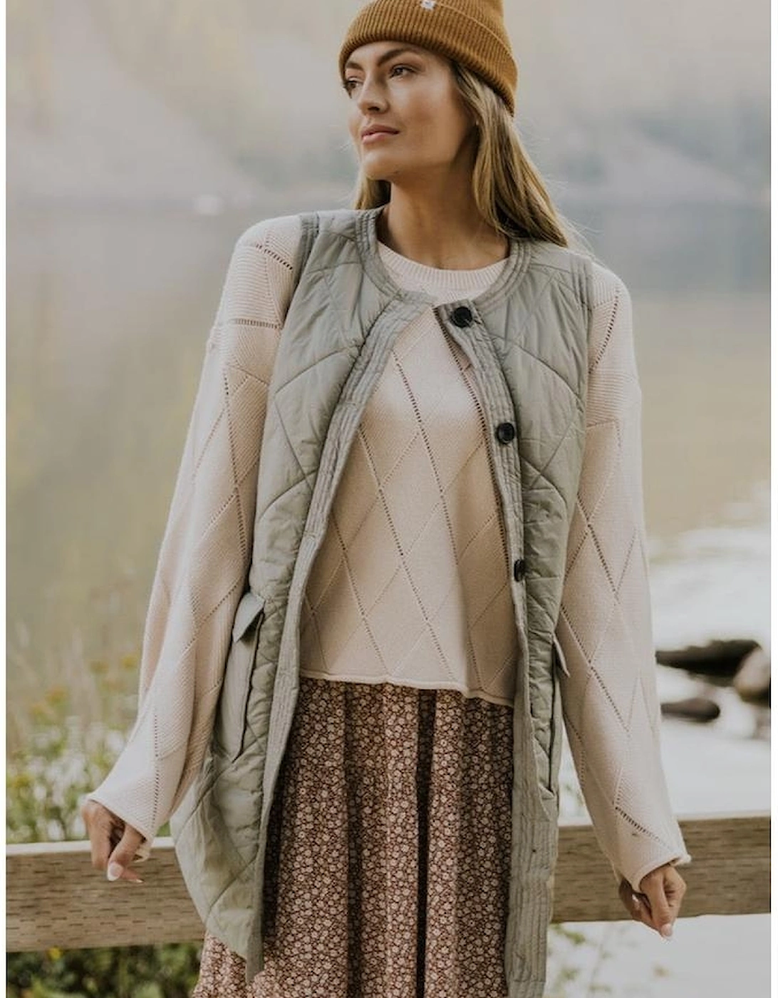 Grass Green Quilted Long Vest Jacket with Pockets