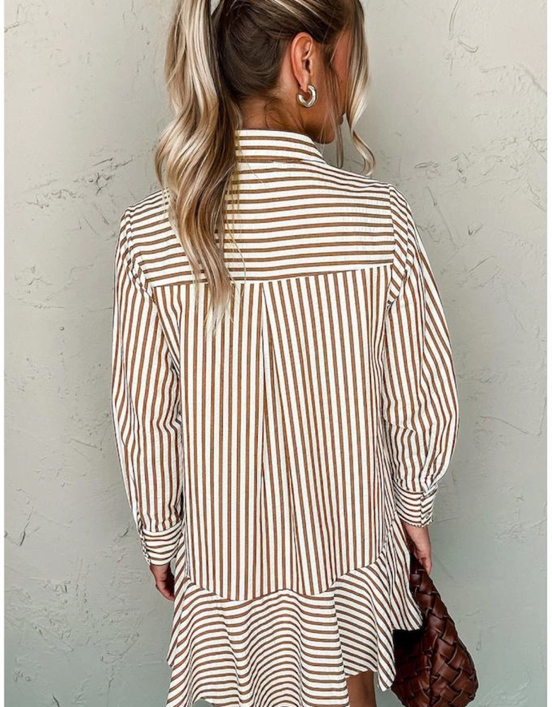 Brown Stripe Ruffled Hem Collared Long Sleeve Shirt Mini Dress